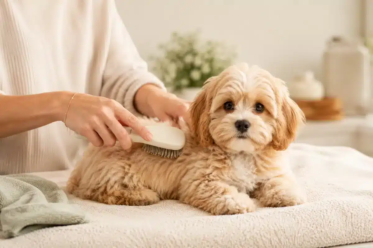 Small Havapoo puppy being gently brushed during a calm home grooming session.
