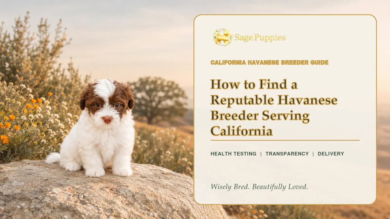 Chocolate-and-white Havanese puppy in a California wildflower landscape beside the reputable breeder guide title.