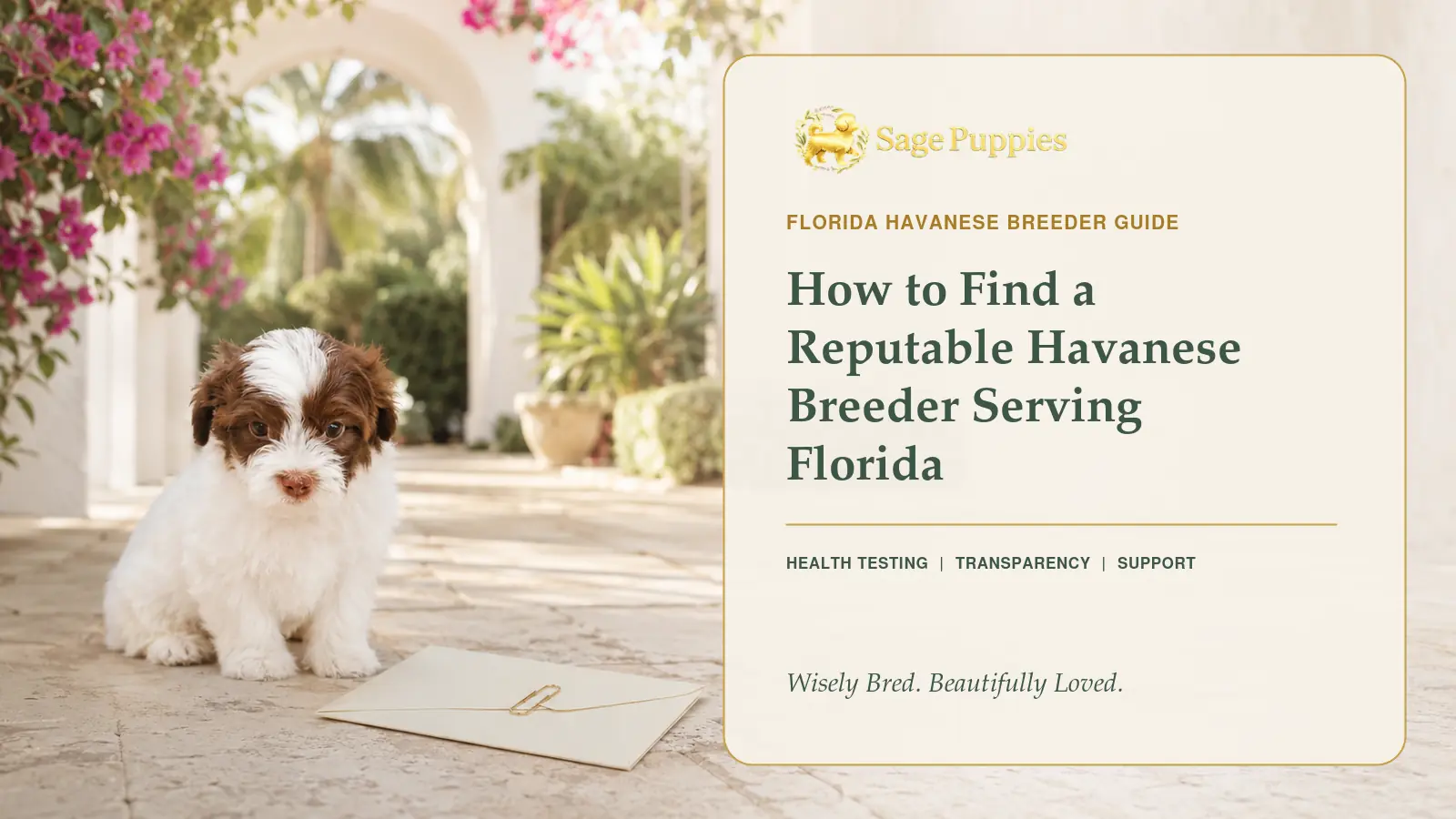 Havanese puppy in a tropical Florida courtyard beside a guide to finding a reputable breeder serving Florida.