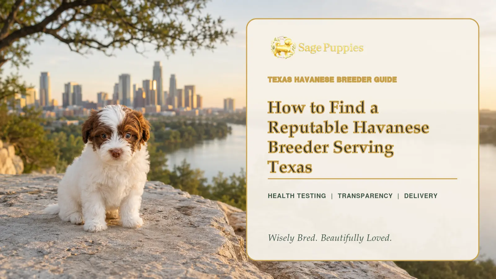 Chocolate-and-white Havanese puppy overlooking Lady Bird Lake with the Austin skyline behind it.