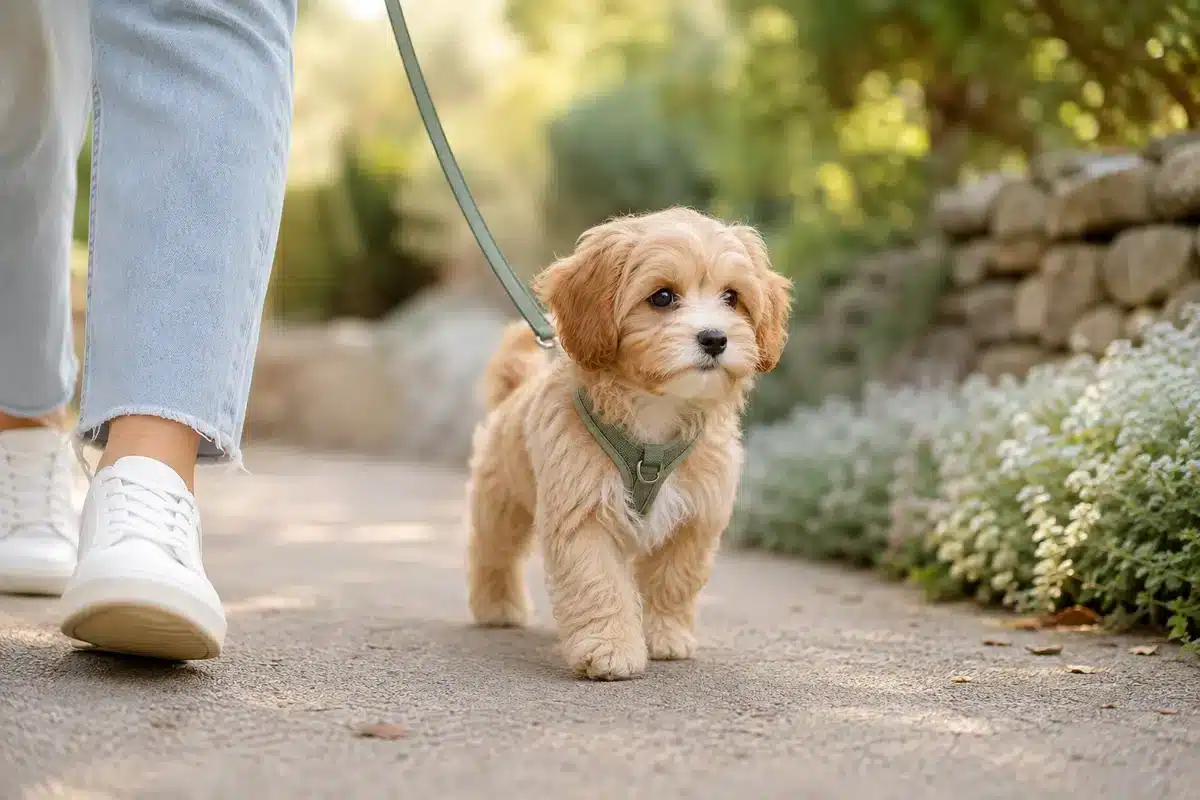 Small fluffy puppy wearing a sage green harness and walking calmly beside a person on a garden path