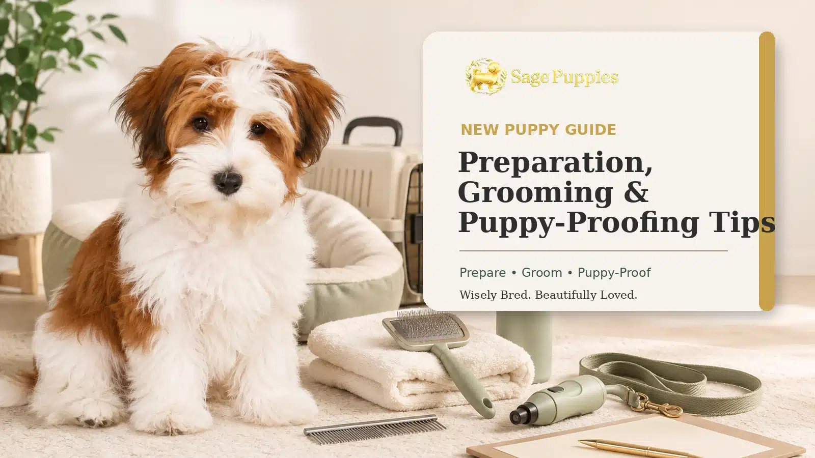Red-and-white Havapoo puppy beside grooming tools, towels, a bed, crate, leash, and new-puppy checklist.