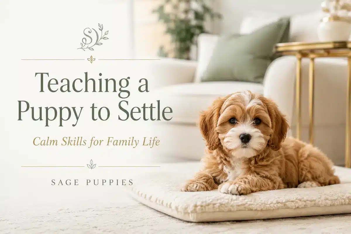 Apricot-and-white puppy resting calmly on a cream mat in a warm family living room