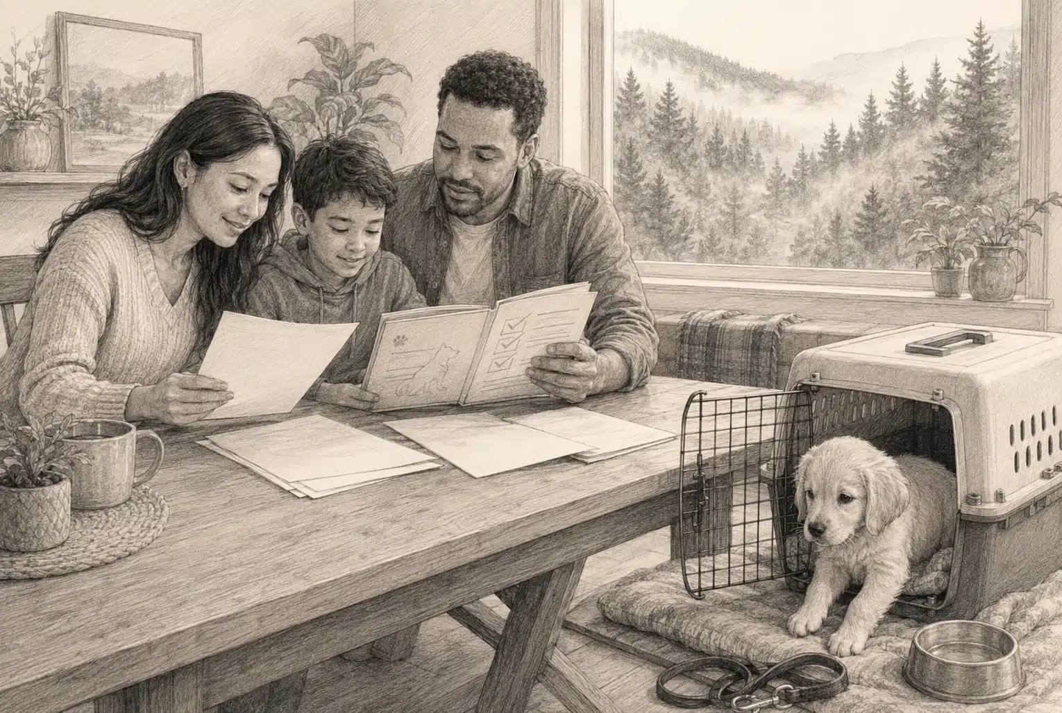 Two adults and a boy review papers at a table beside a puppy in a carrier, with forested hills visible through the window.