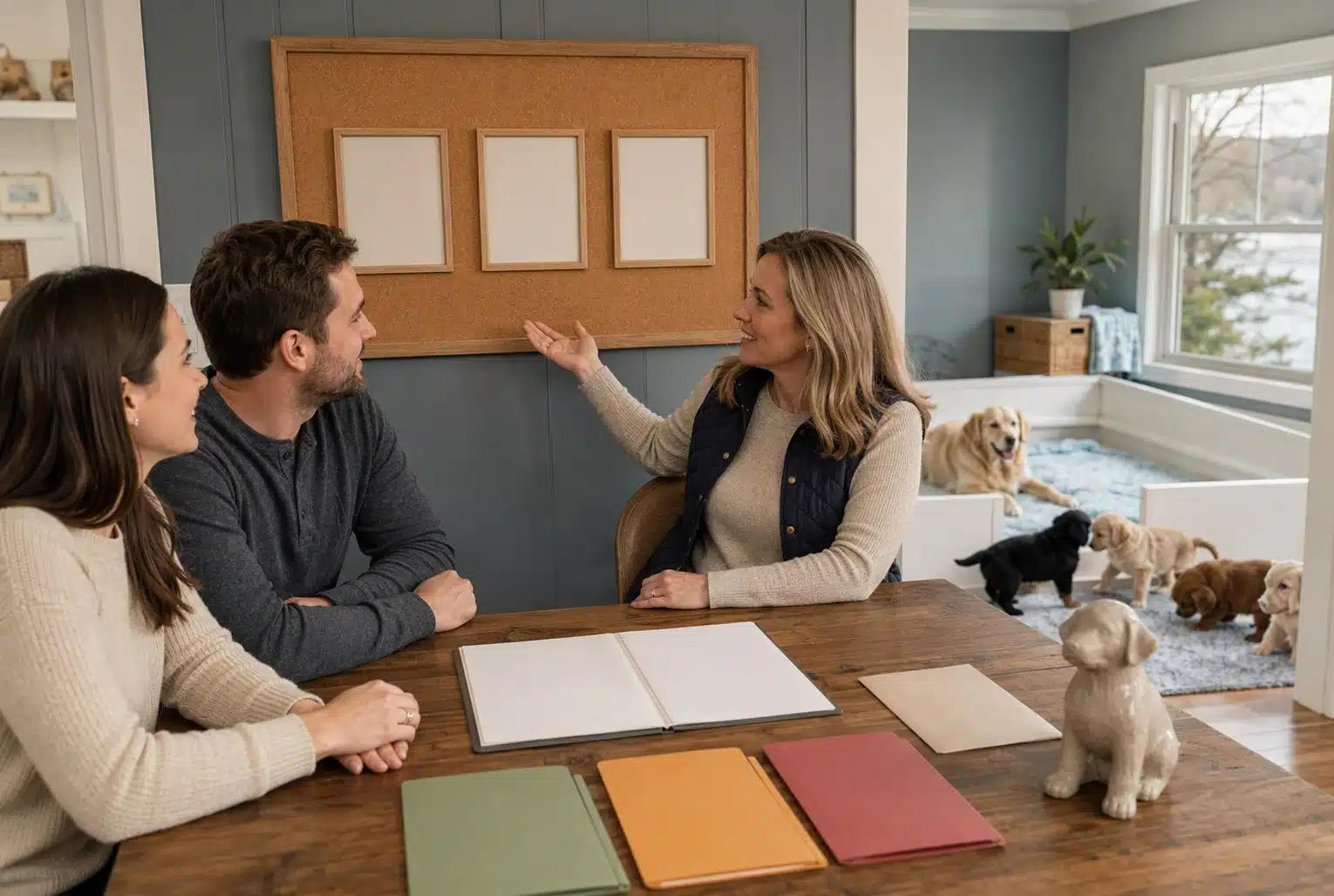 A couple discusses Connecticut puppy deposits with a breeder, surrounded by adorable Golden Retriever and Labrador puppies in a bright, modern room with a large corkboard and window view.