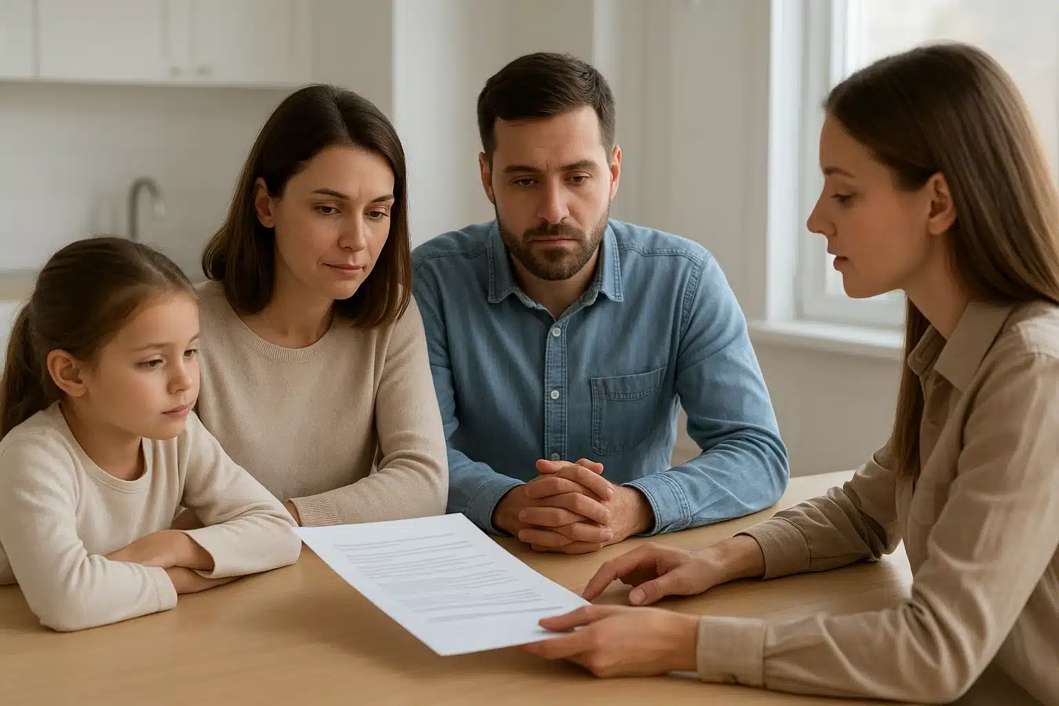 Family reviewing puppy contract at kitchen table