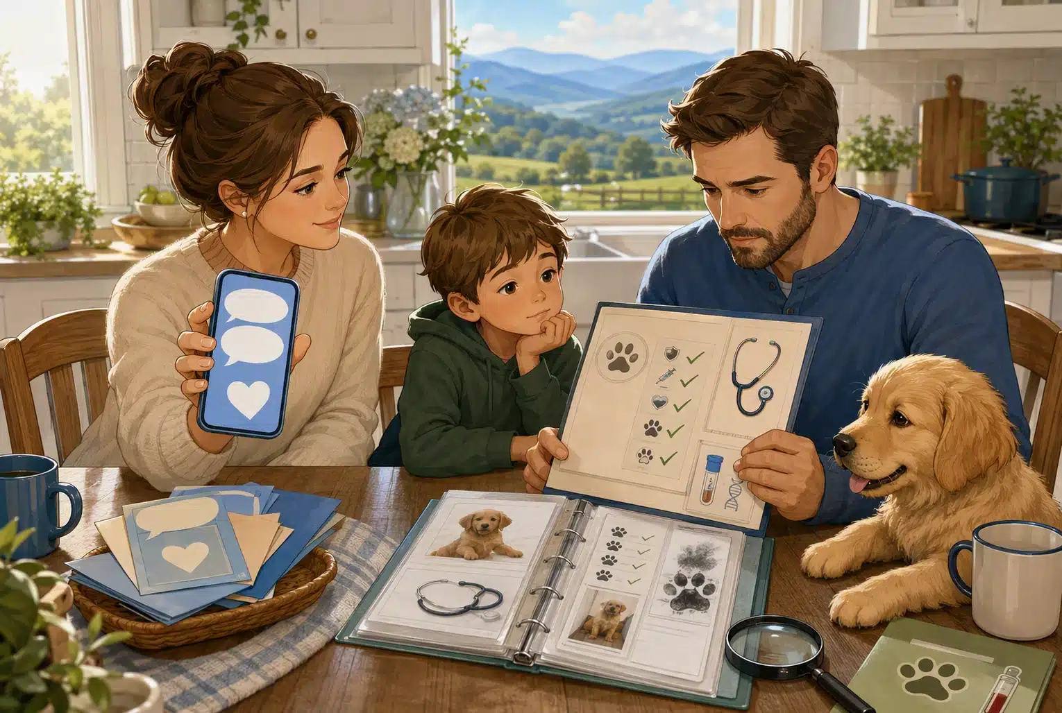 Illustration of two adults and a child reviewing a phone and puppy-information binder at a table beside a dog.