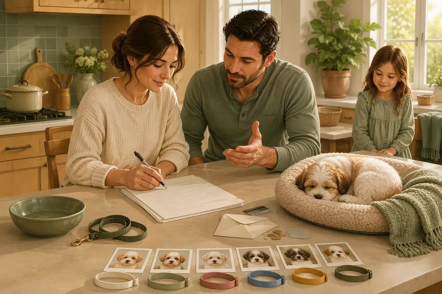 Family reviewing reservation details beside a sleeping Havanese puppy