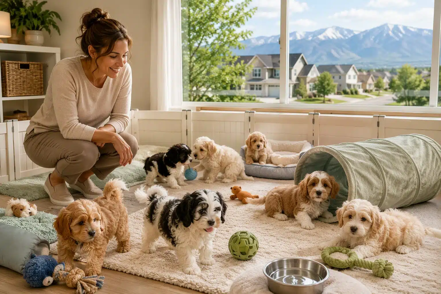 Breeder reviews playful puppies with open options