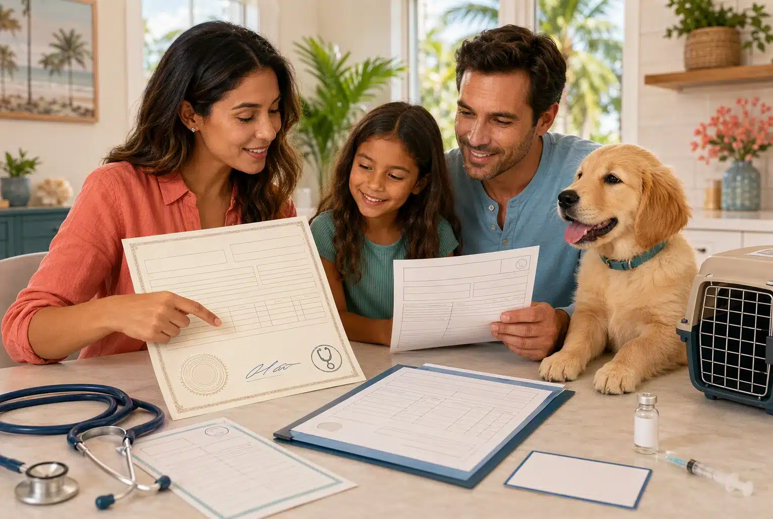 Family reviewing puppy health documents together