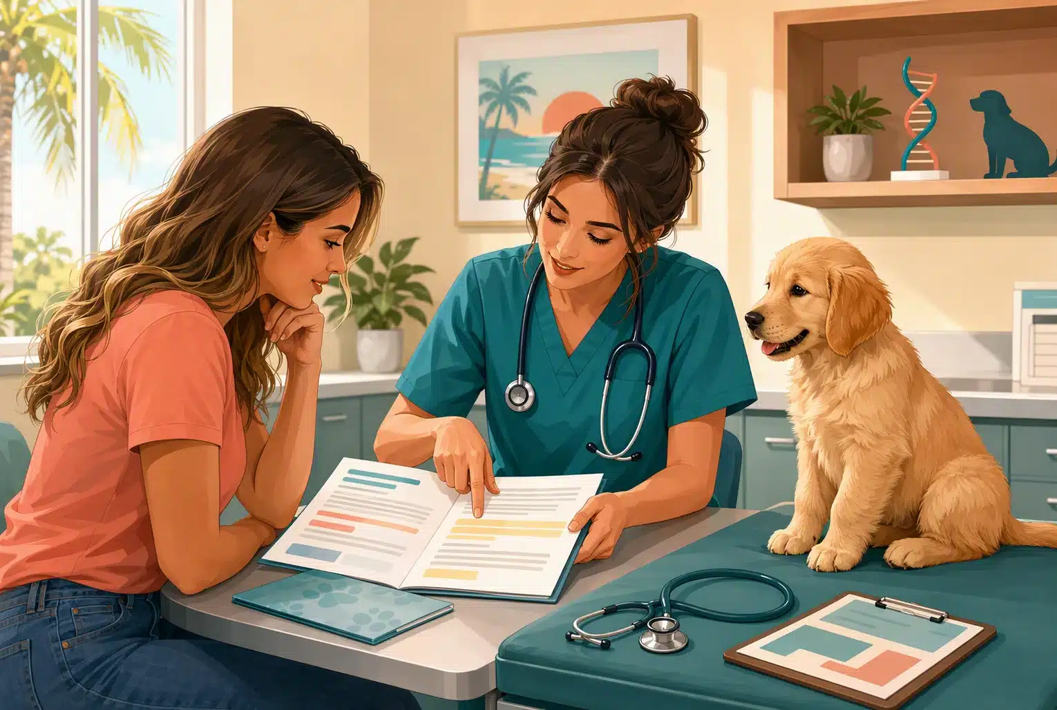 Vet and buyer examine puppy health contract details