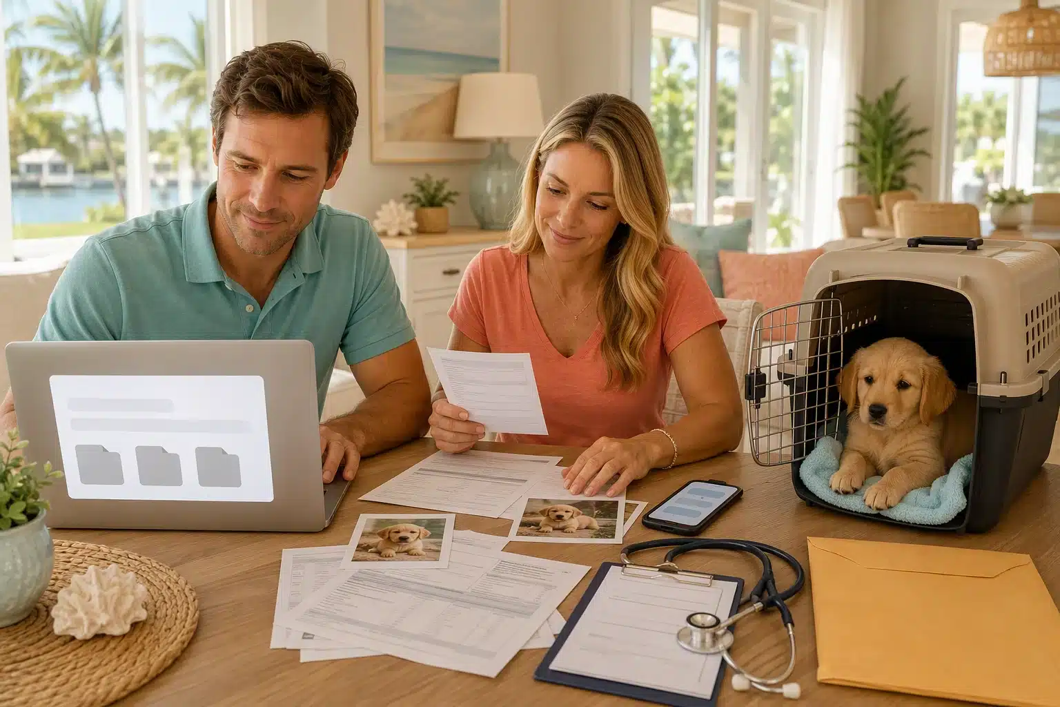 Family reviewing vet records beside puppy carrier