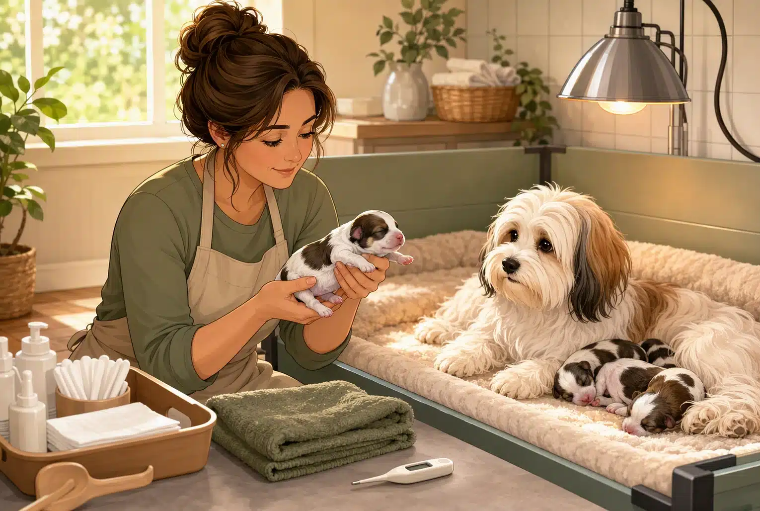 Caring woman gently holds a newborn puppy while a fluffy dog mother watches over her litter in a cozy whelping box, illustrating early puppy socialization in Georgia.