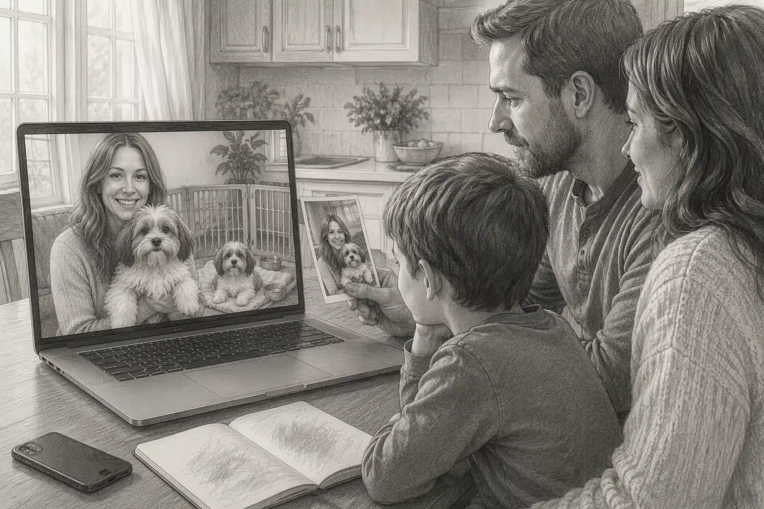 Family video-calling a breeder to see a puppy