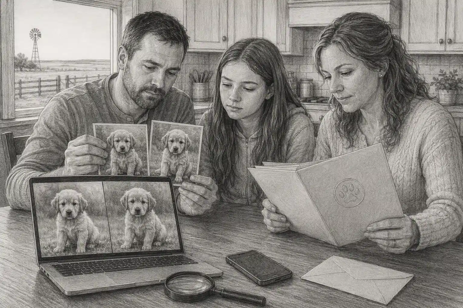 Family comparing puppy photos with breeder records