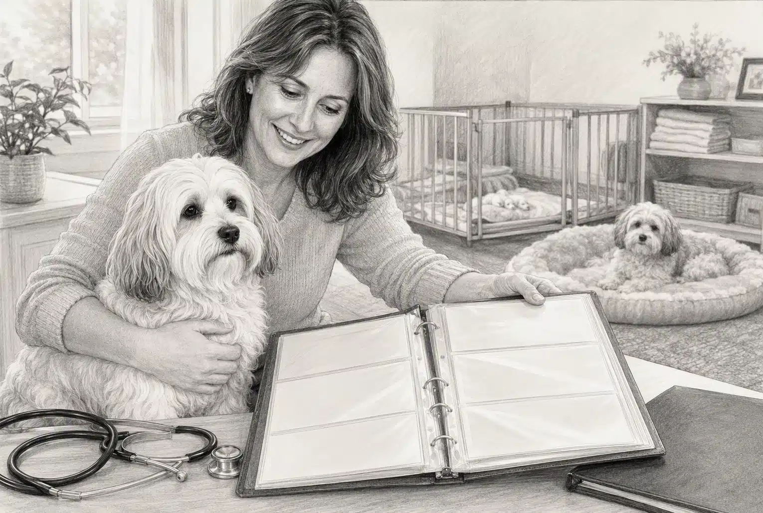 Pencil sketch of breeder with parent dog and health records