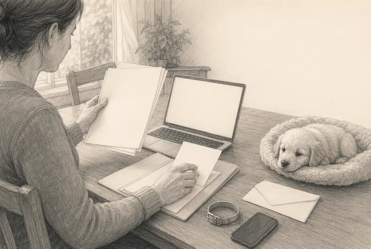 Parent reviewing puppy agreement beside laptop