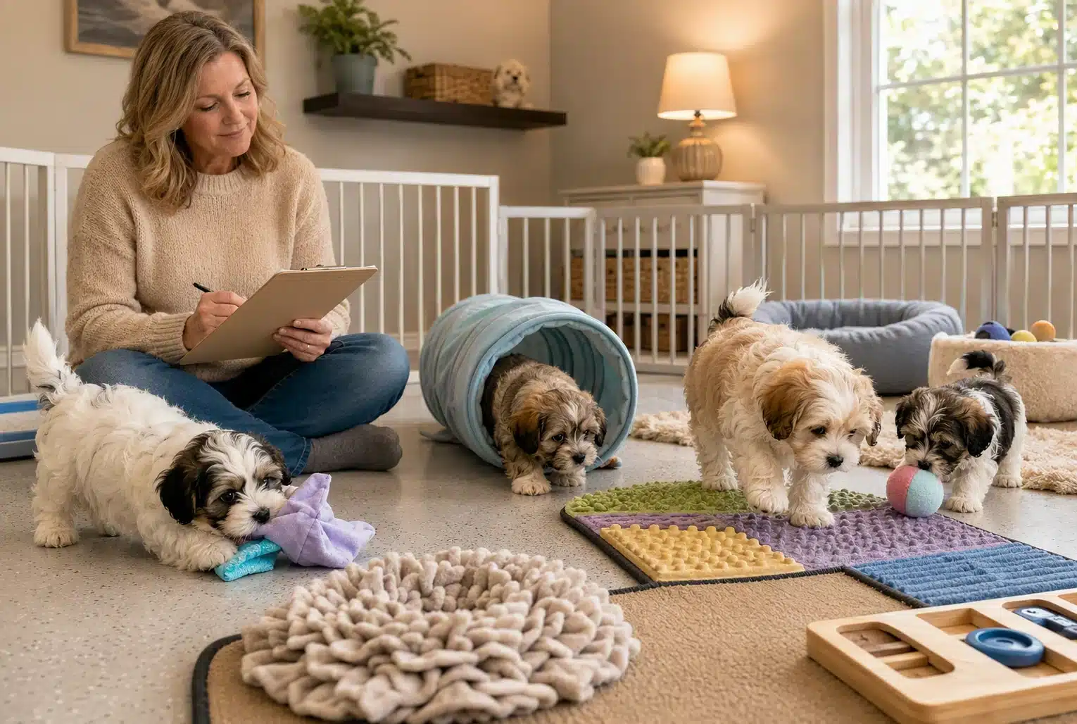 Breeder observes puppies exploring scattered toys