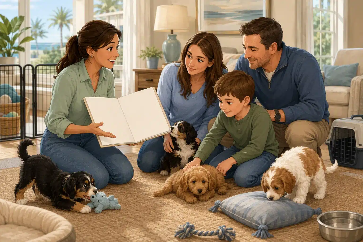 Breeder reviews puppy notes with family