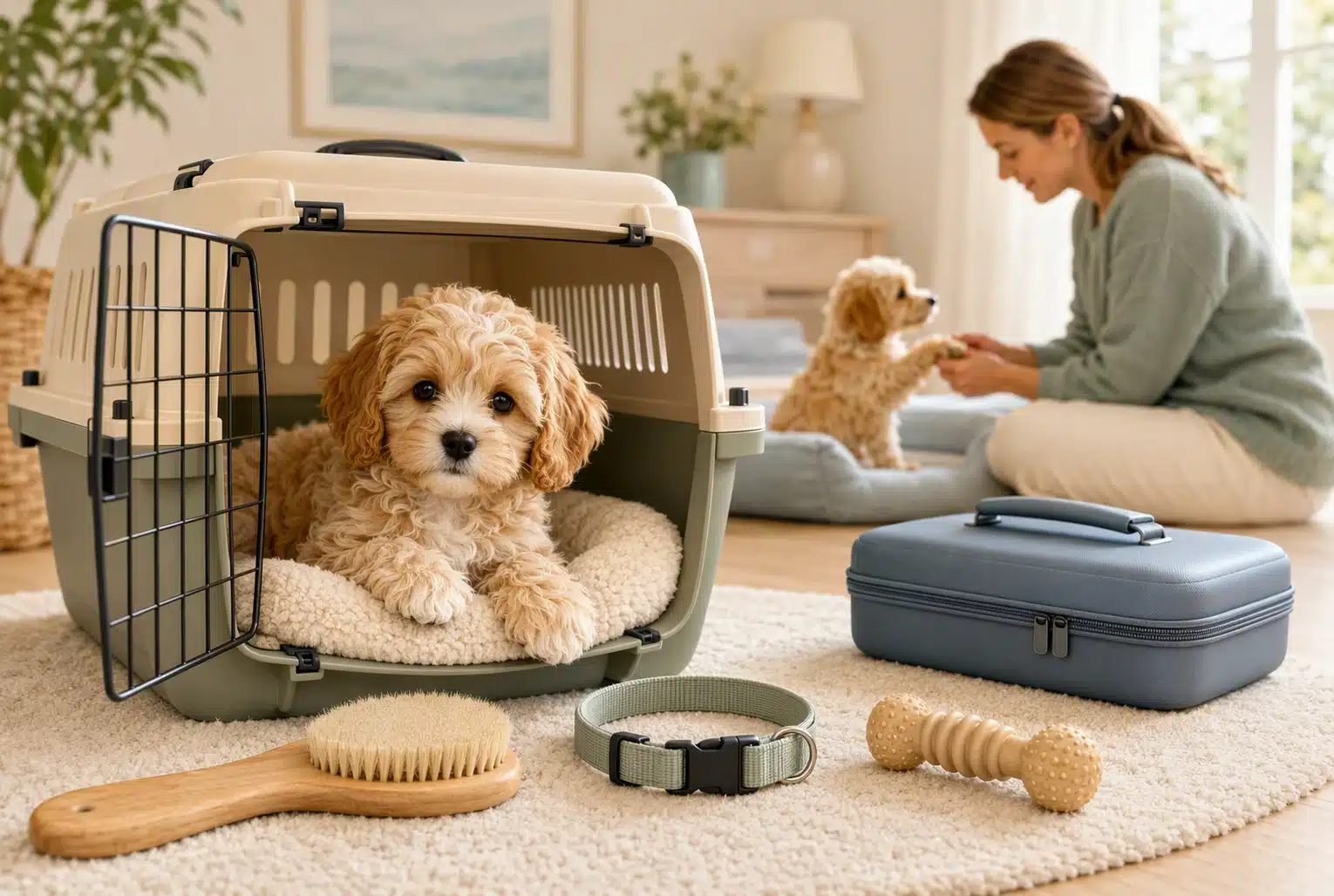Calm puppy resting beside grooming brush