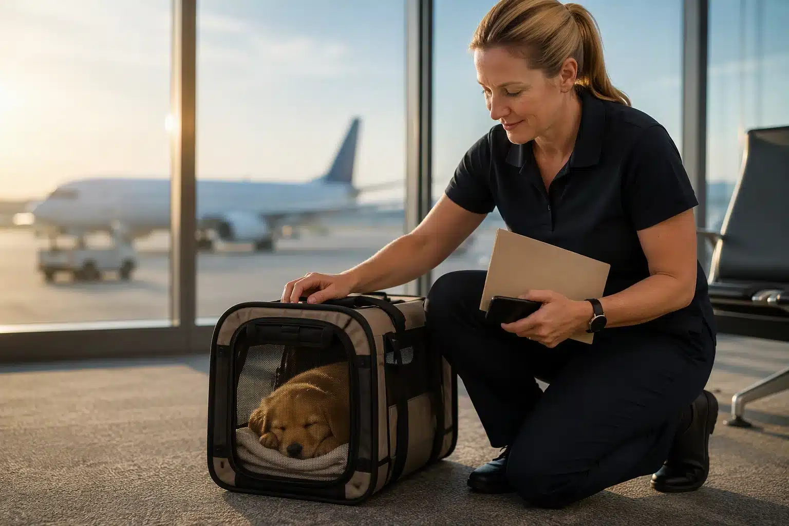 A puppy in a carrier at an airport