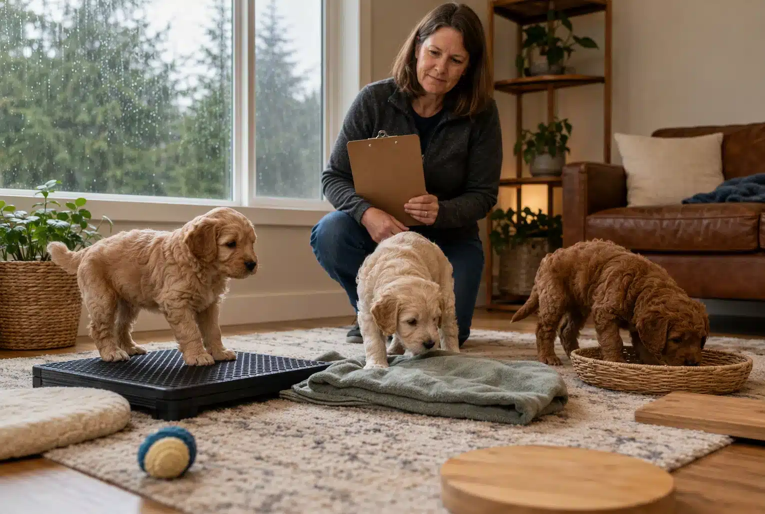 Breeder watching puppies explore varied home surfaces