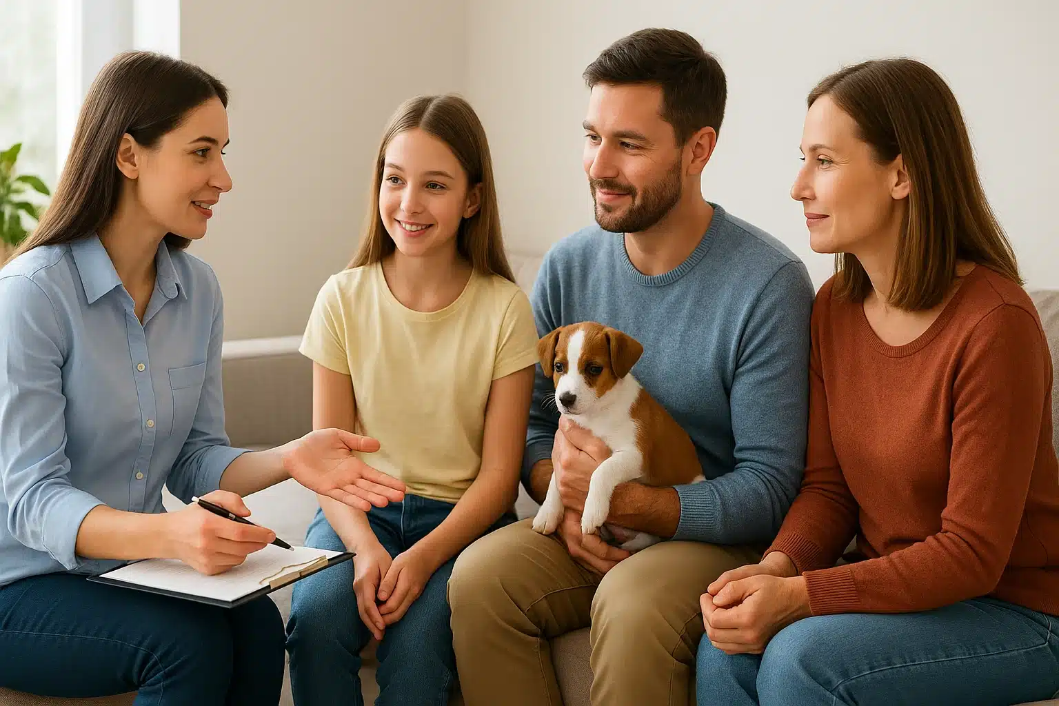 A family and a breeder talk by a sunlit window, a puppy resting on the floor between them