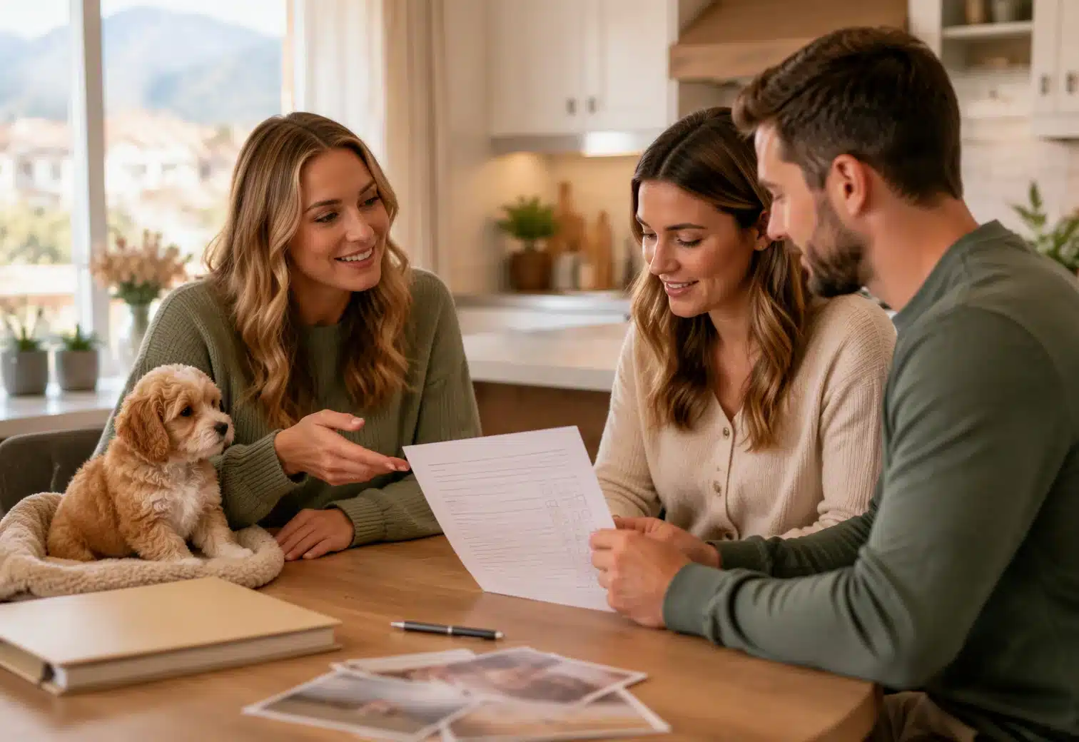 Couple reviewing Cavapoo application with breeder