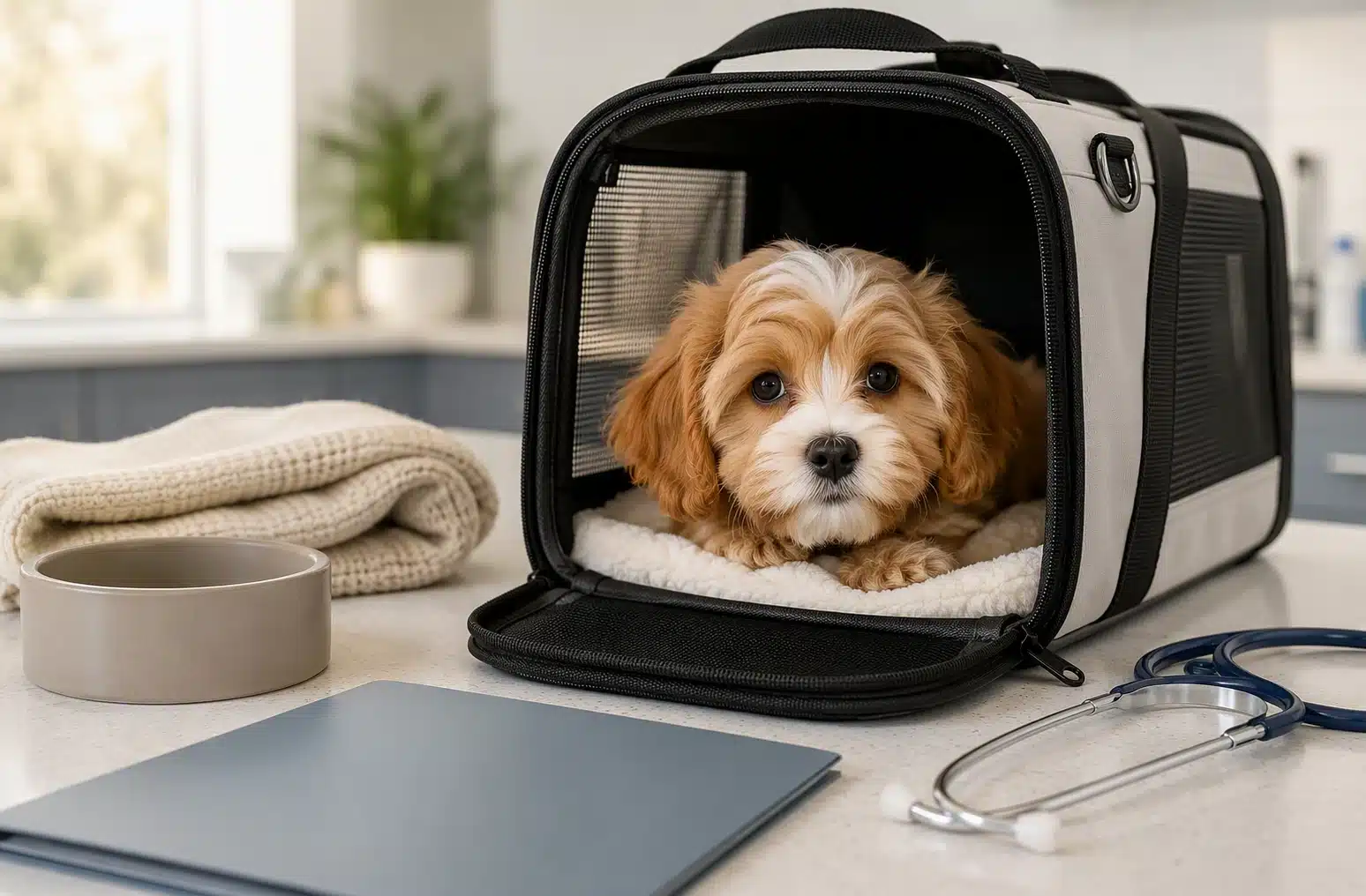 A calm Cavapoo puppy resting inside an open travel carrier