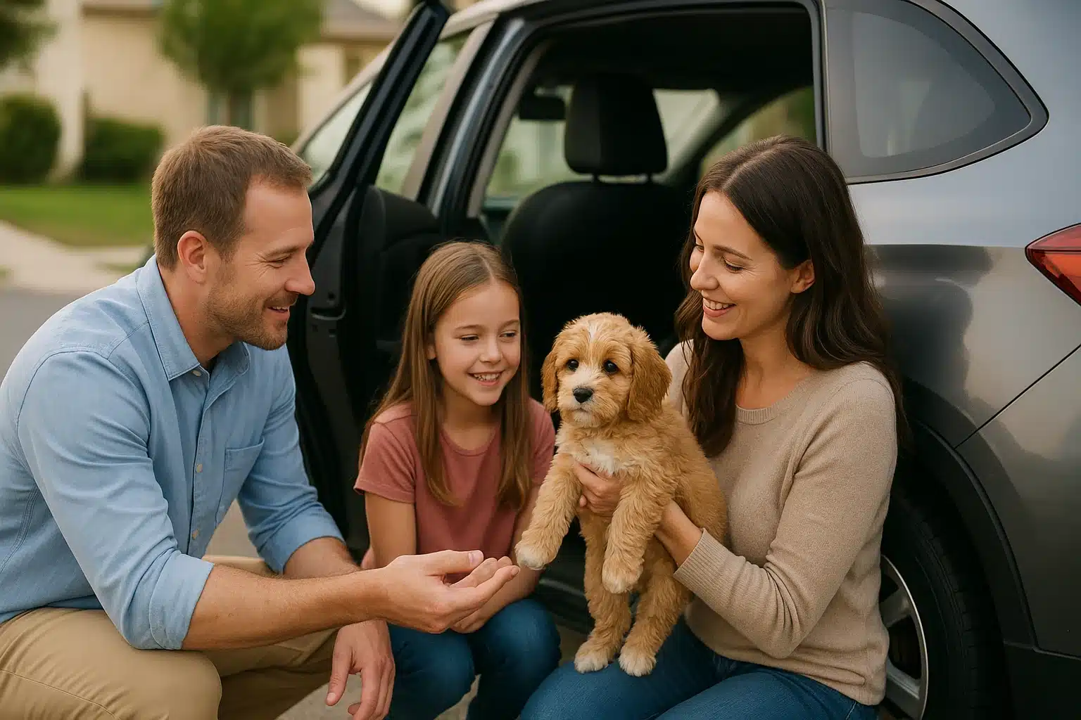 A family meets a Cavapoo puppy beside their car