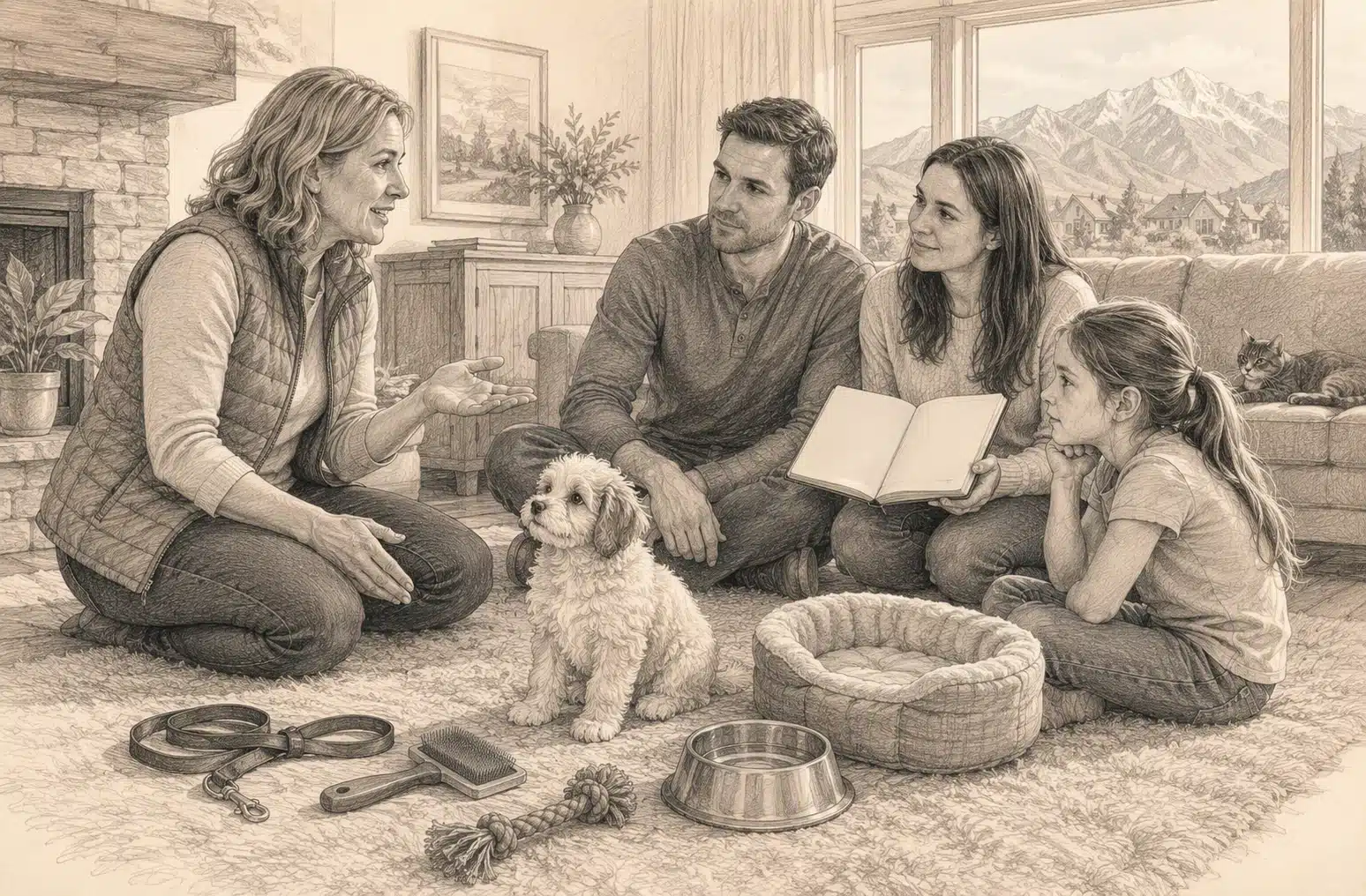 Family discussing Havapoo care with breeder