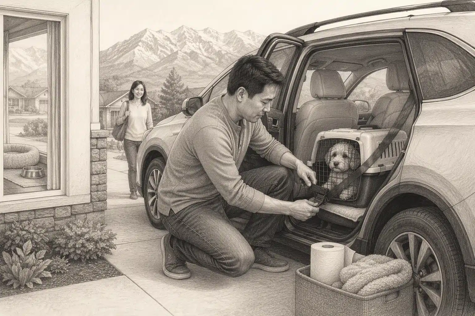 Pencil sketch of parent securing puppy carrier in car