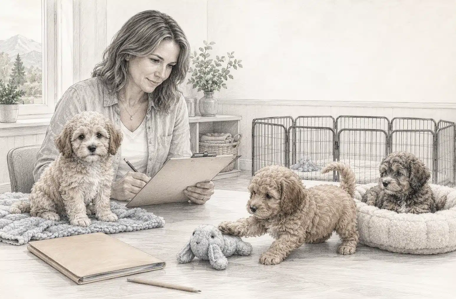 Breeder reviewing puppy notes beside playful Havapoos