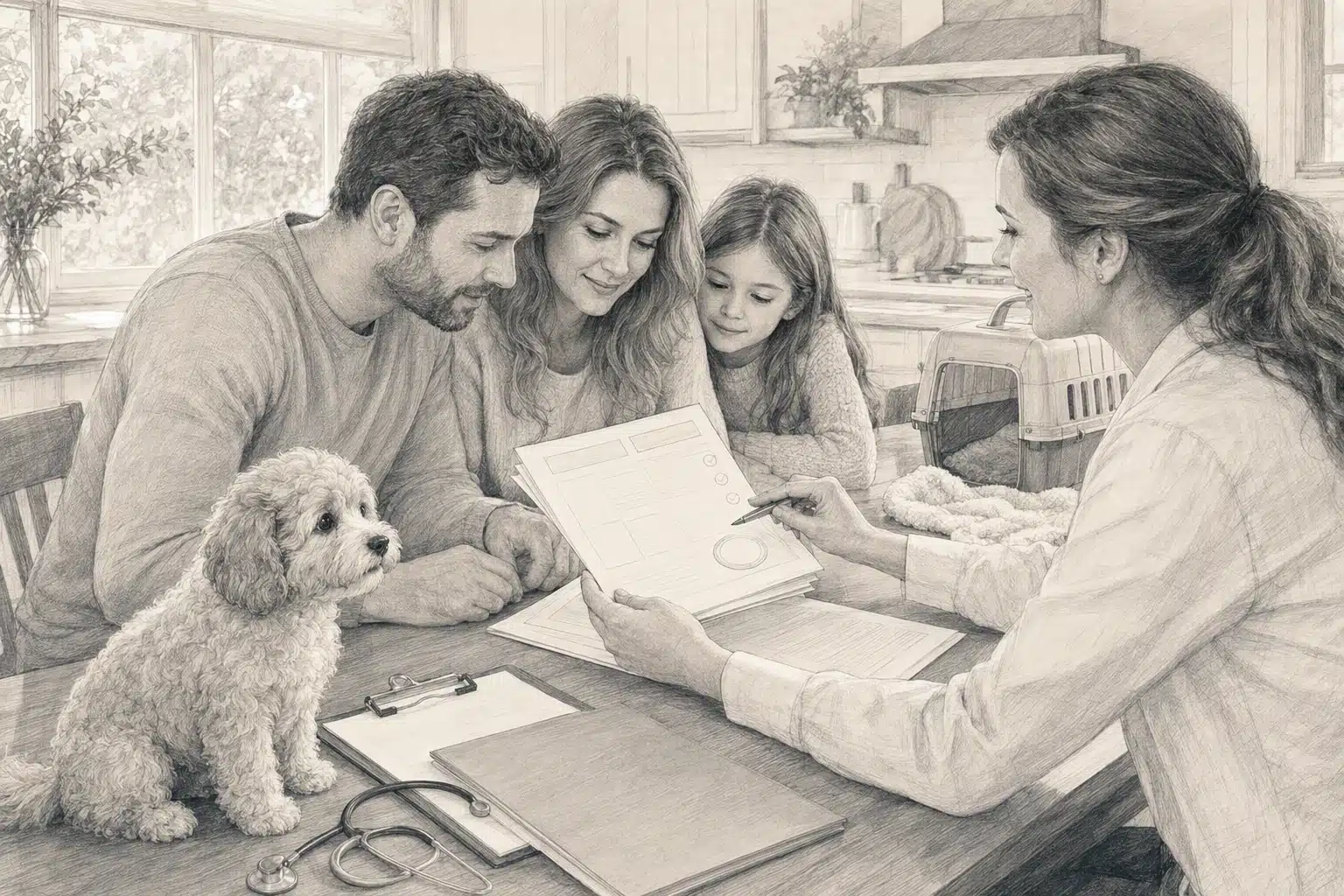 Family reviewing puppy health records at kitchen table