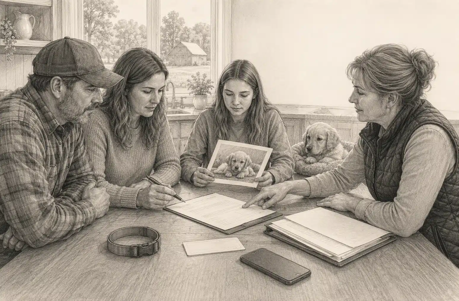 Family reviewing puppy reservation paperwork at kitchen table