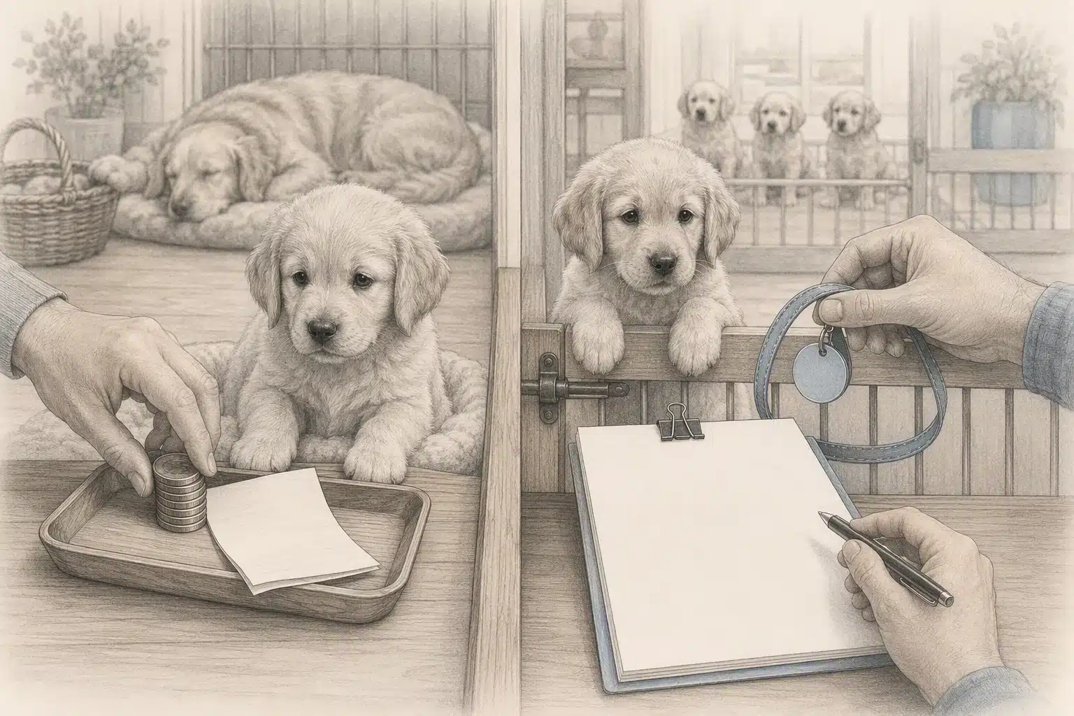 Pencil sketch comparing payment and puppy hold agreement