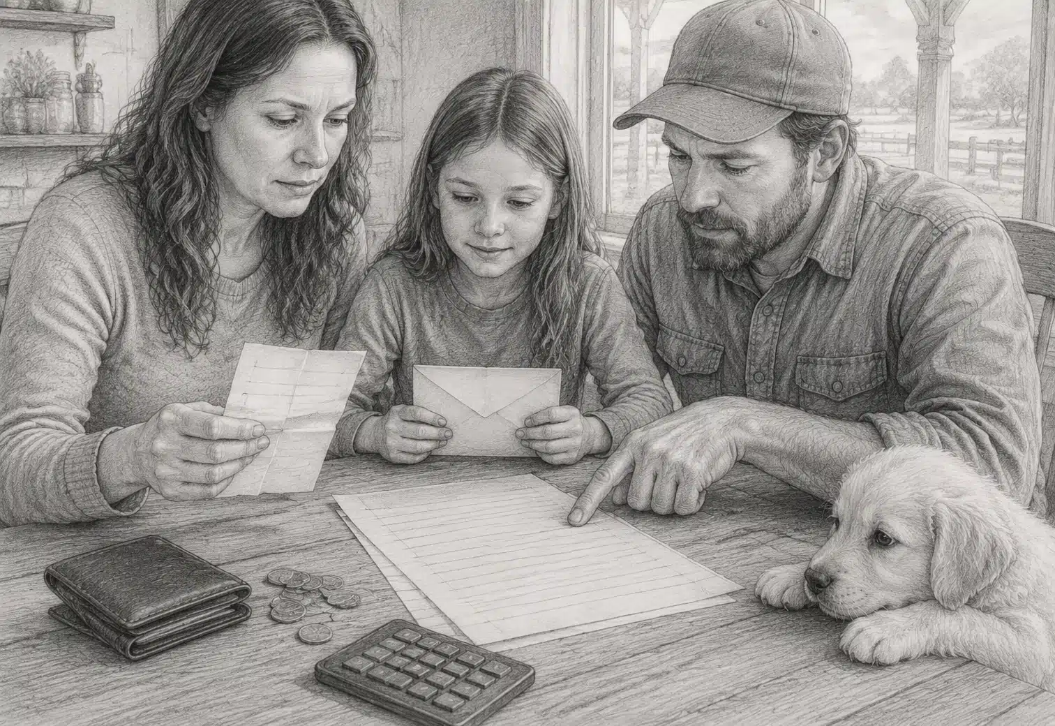 Family comparing deposit receipt and budget worksheet