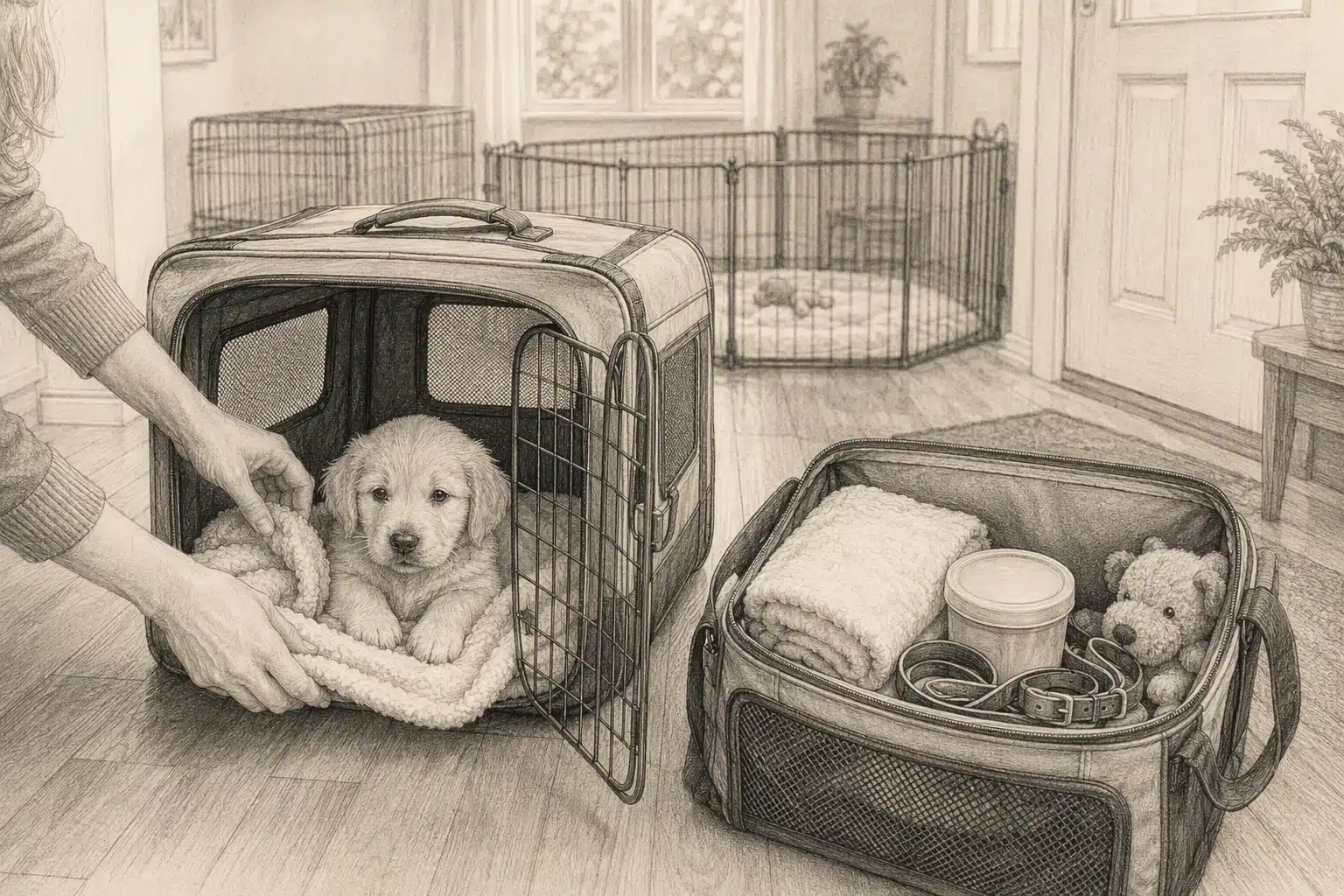 Puppy resting in travel crate beside packed carrier