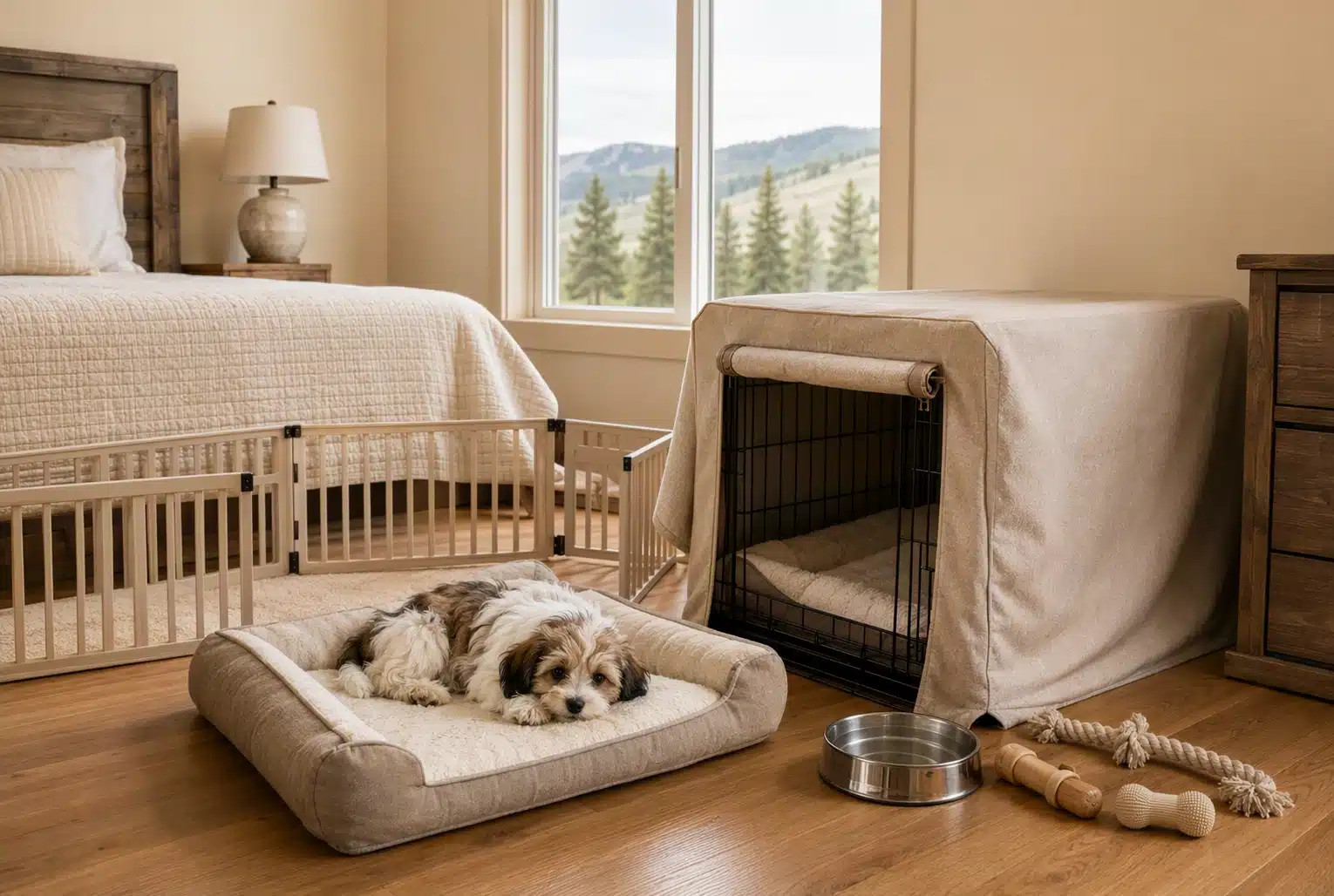 Small Havanese puppy resting beside covered crate