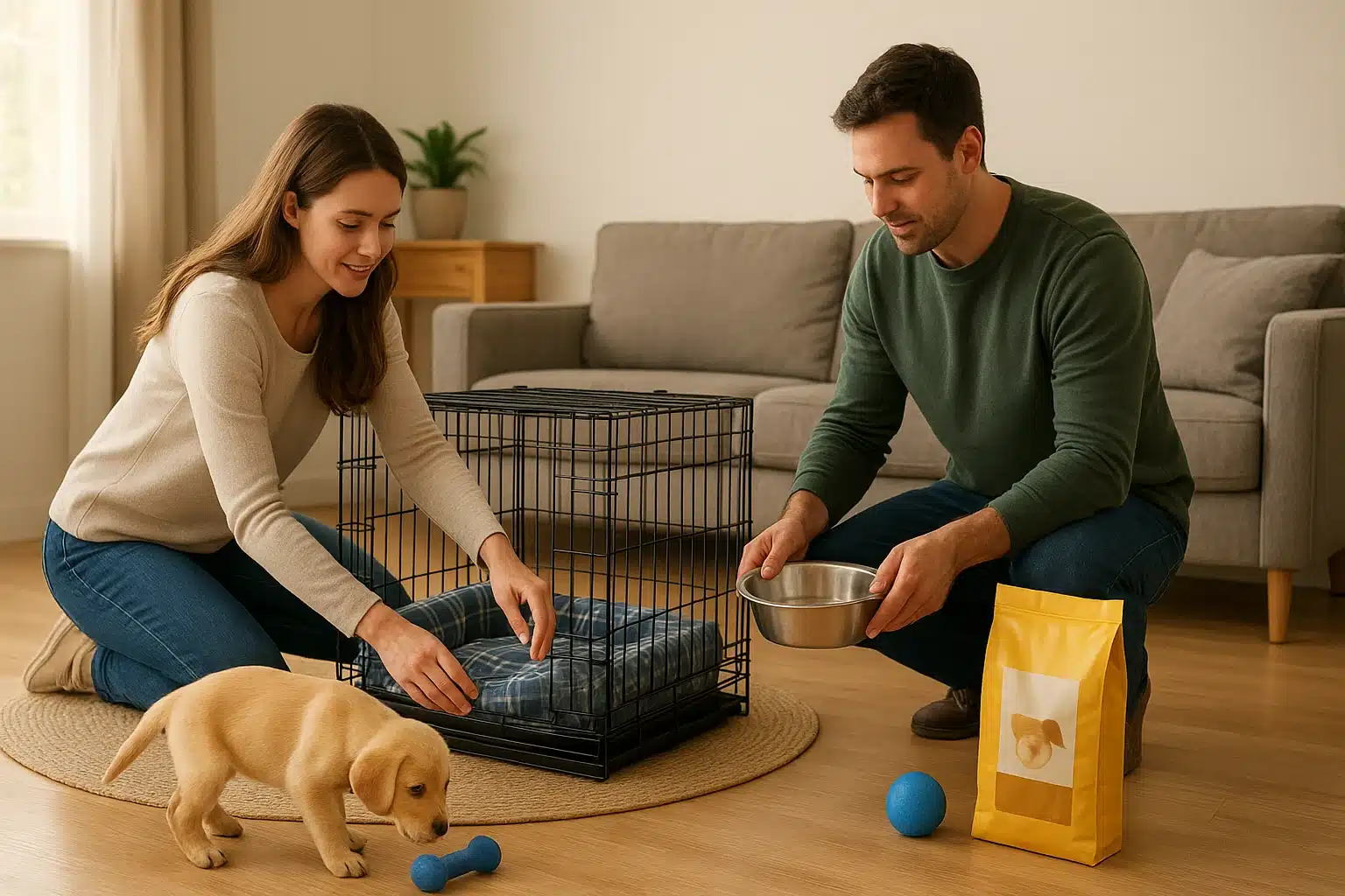 Family preparing puppy crate in Idaho living room