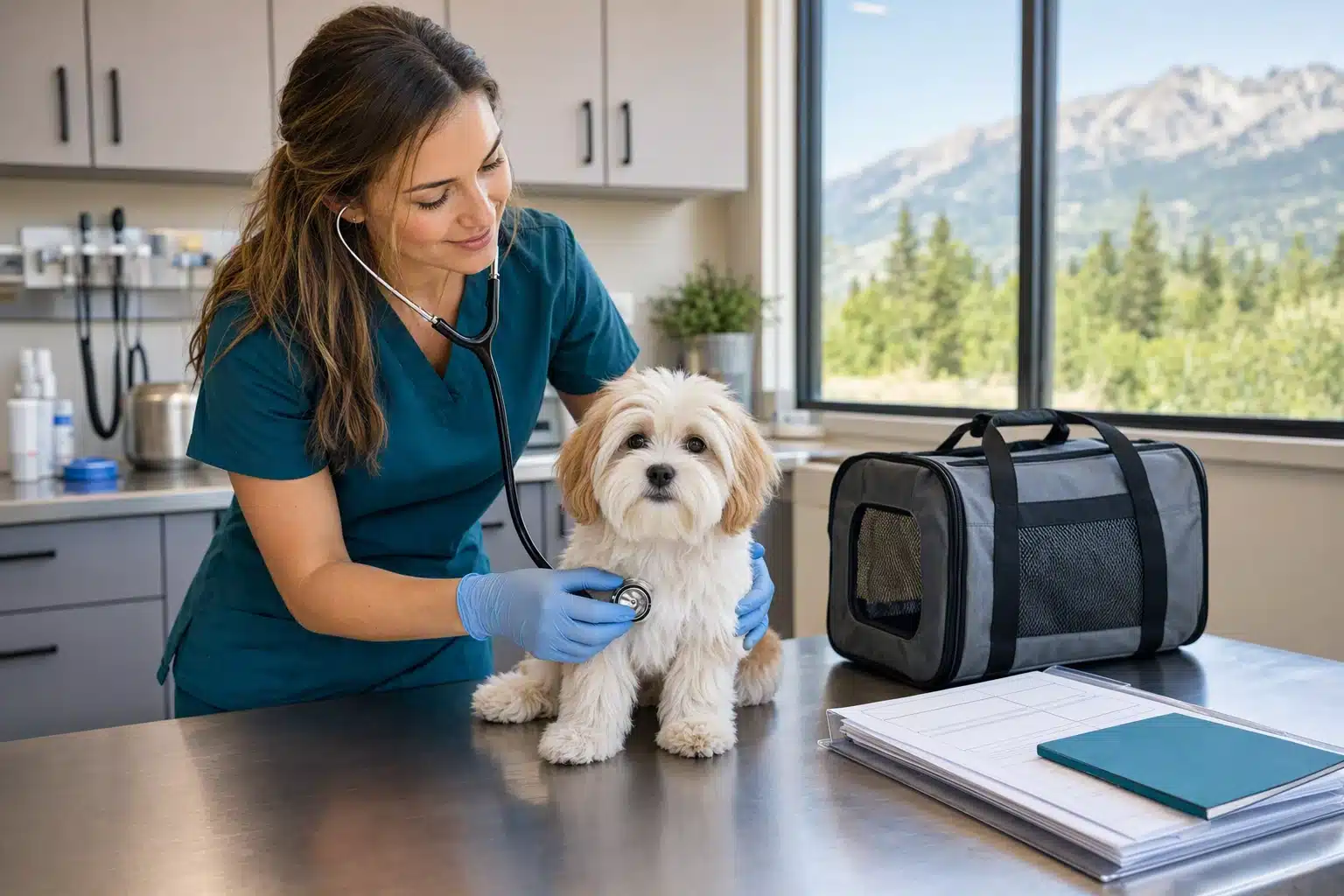 Veterinarian examining Havanese puppy on clinic table