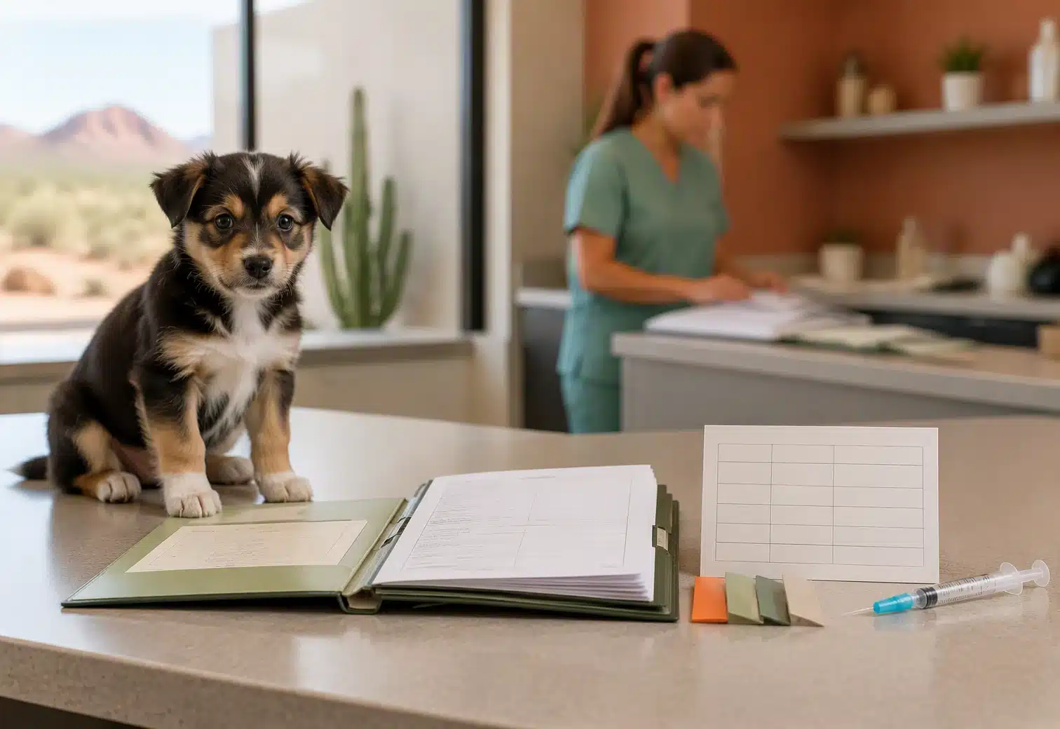 Puppy beside vaccine records on clinic counter