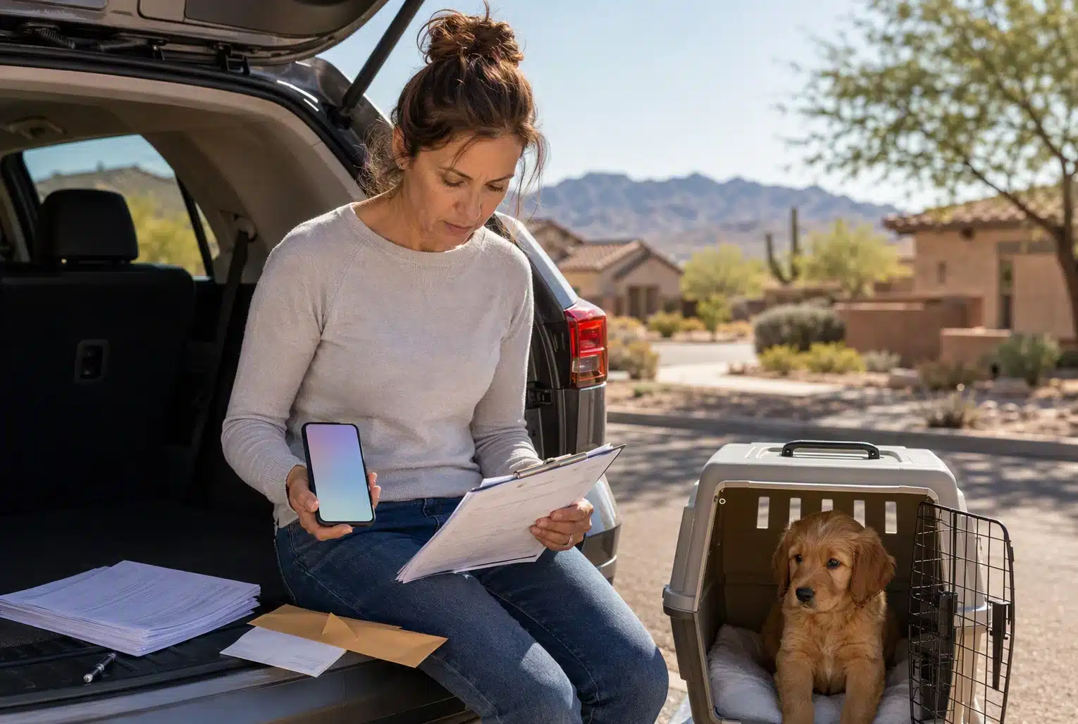 A parent compares puppy contract beside car
