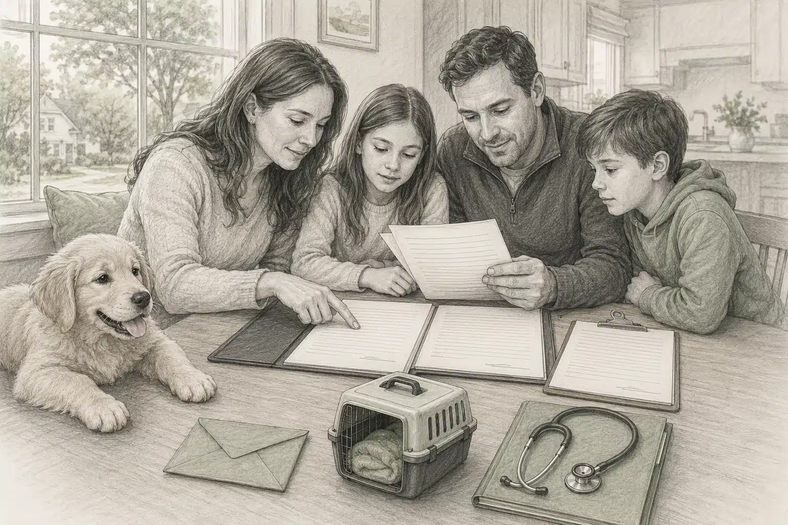 Pencil sketch of puppy contract paperwork