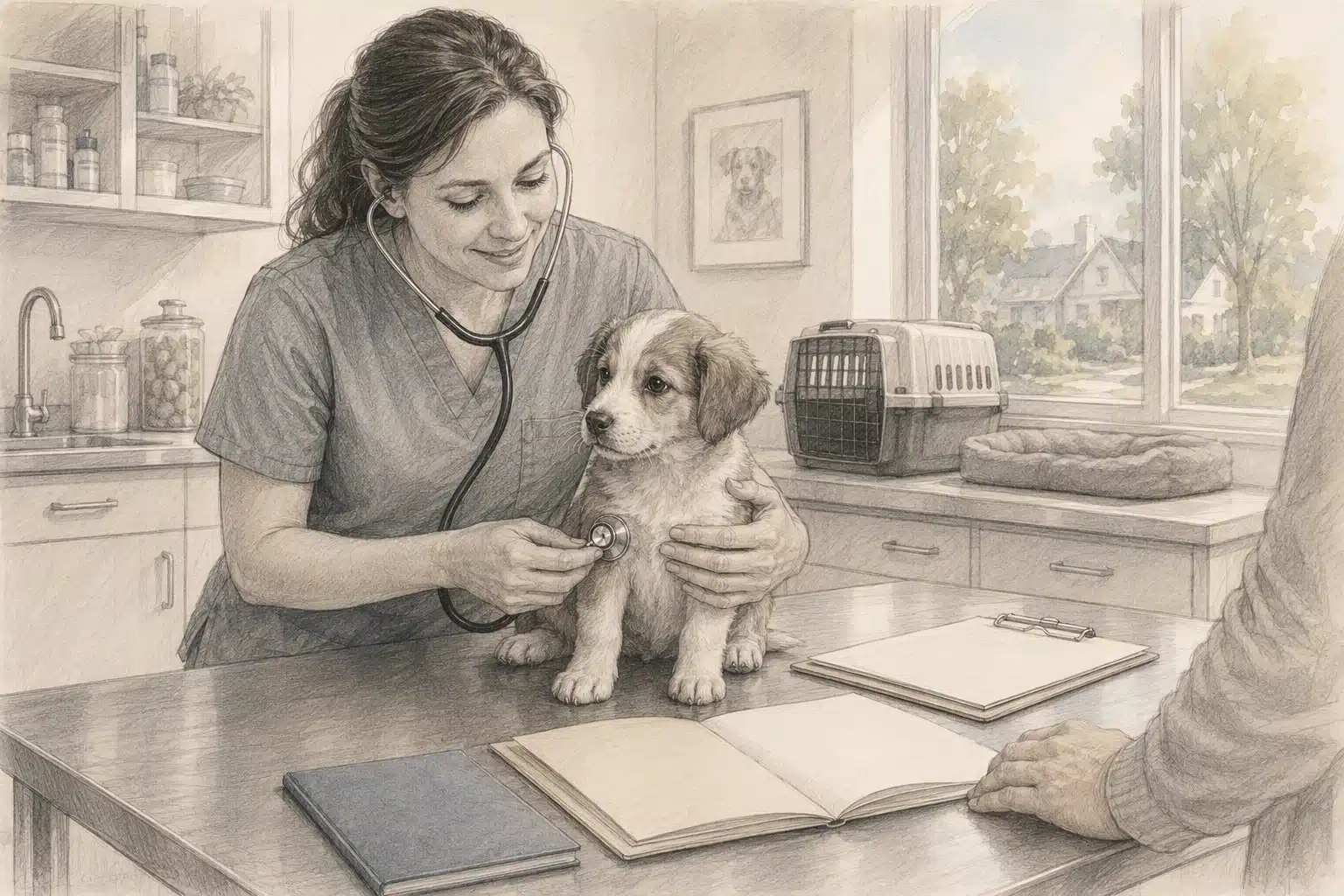 Veterinarian examining puppy beside adoption paperwork