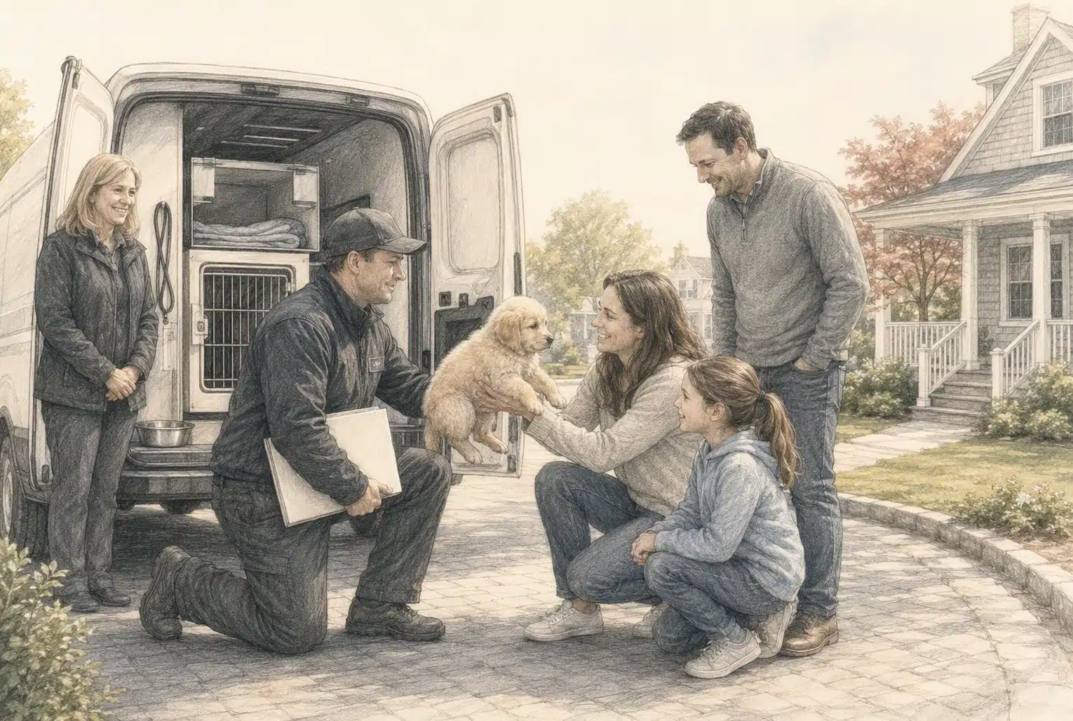 A pencil sketch of a family receiving a puppy from a carrier