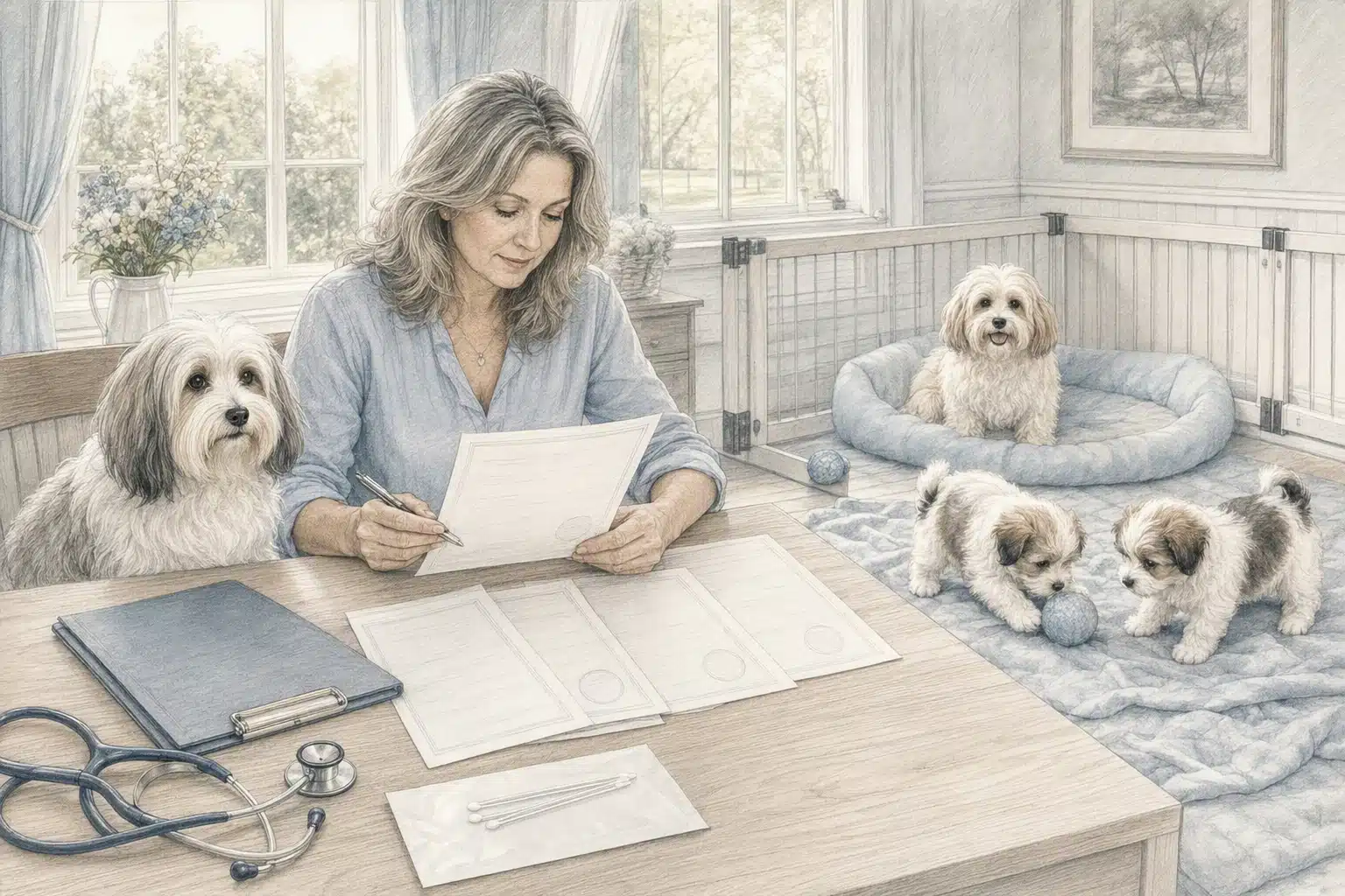 Breeder examining health certificates beside Havanese puppy