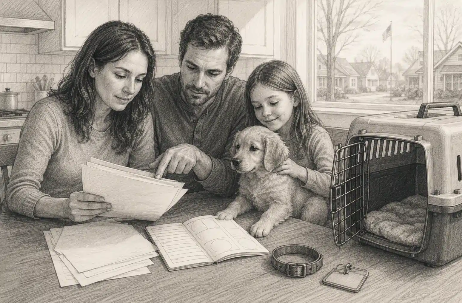 Family reviewing puppy records beside travel crate