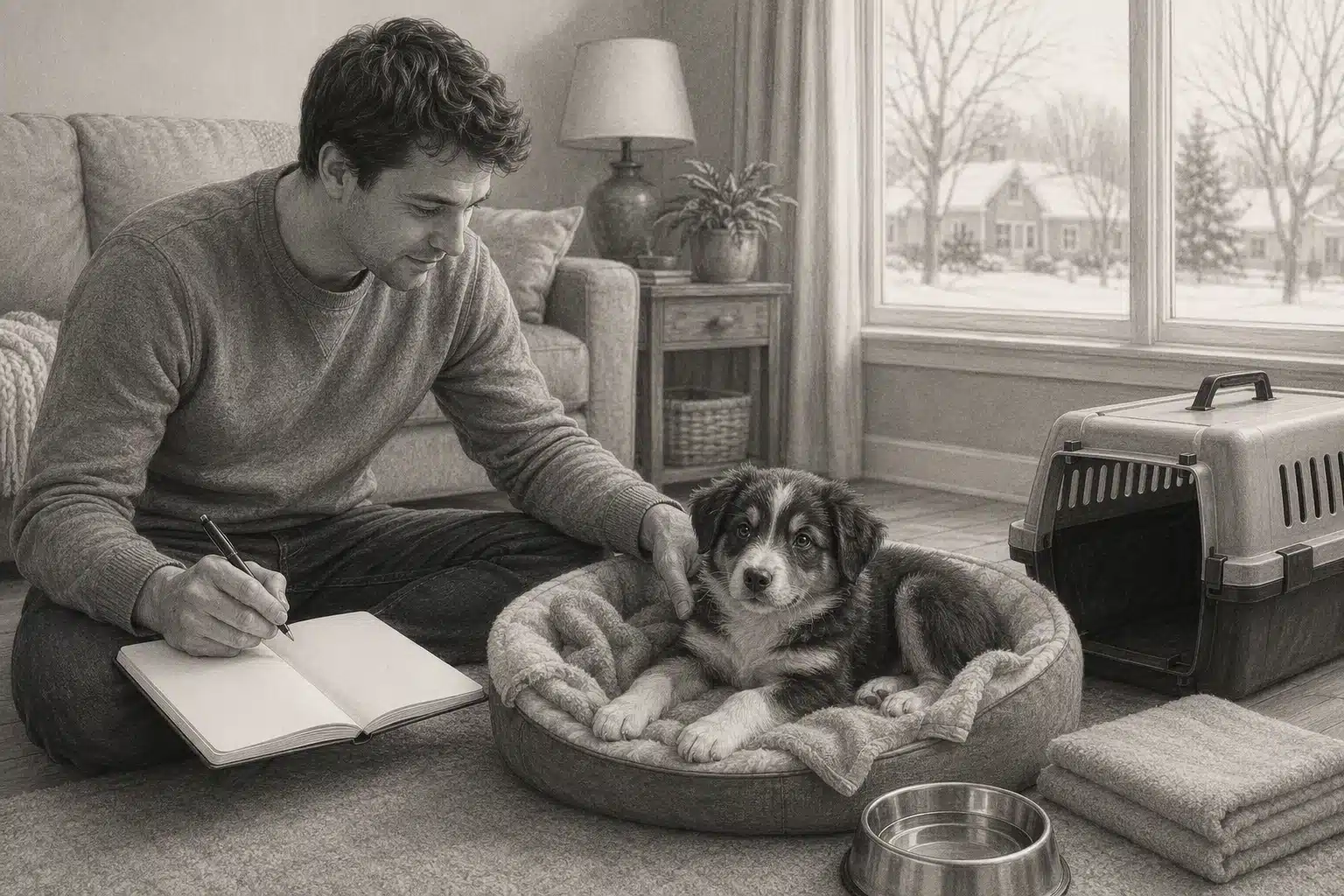 Gentle owner observing resting puppy in living room