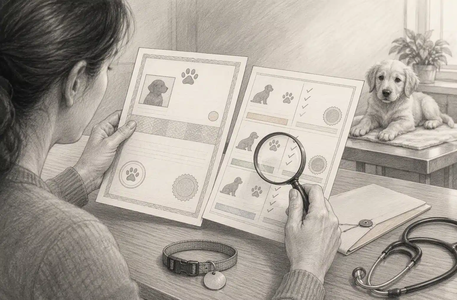 Close-up of buyer reviewing puppy health records